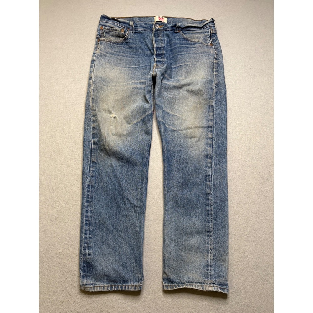 Levi's Jeans Men 38x32 Blue 501 Original Straight Leg Distressed Button Fly